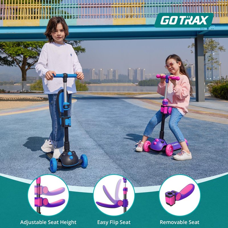 Gotrax KS3 Pro Kick Scooter for Kids, One Key Removable Seat & 3 Extra Wide PU Light-Up Wheels and Anti-Slip Deck, Adjustable Height Handlebar and Lean-to-Steer, Foldable Scooter for Children Aged 2-8