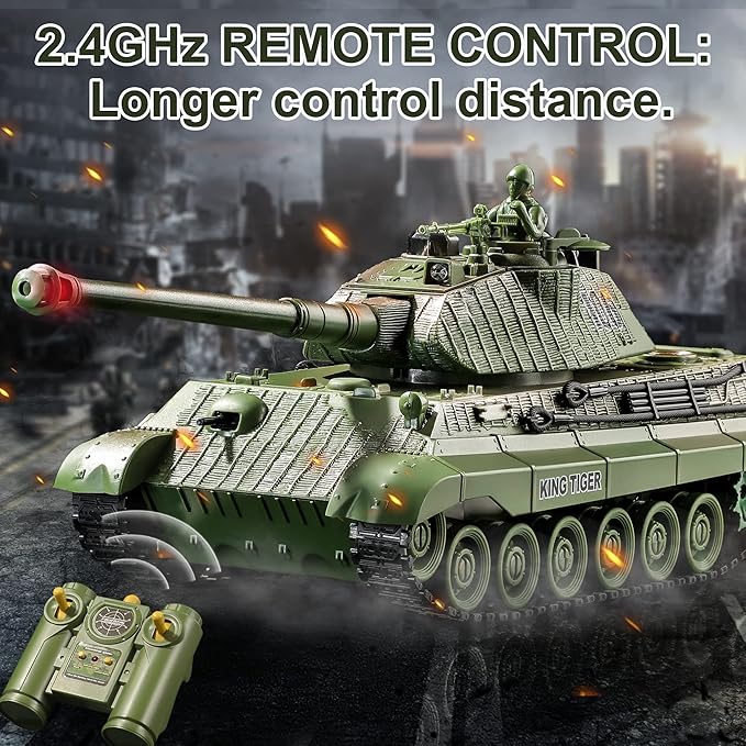 RC Tank Remote Control WW2 German King Tiger Army Tank Toys 1:28 Scale 9 Channels RC Military Vehicles for Kids BoysGirls Best Ages 6 7 8 9 10