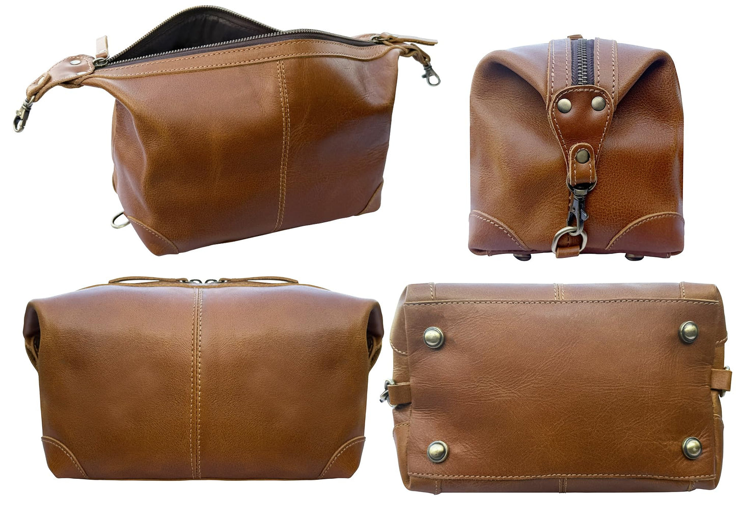 RUSTIC TOWN Full Grain Leather Toiletry Bag for Men & Women – Handcrafted Travel Dopp Kit – Large Water-Resistant Makeup & Shaving Organizer