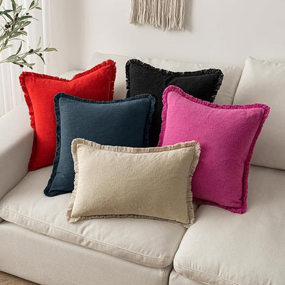 MIULEE Christmas Decorative Lumbar Throw Pillow Covers Neutral Linen Fringe Throw Pillows Set of 2 Red Boho Farmhouse Cushion Covers with Tassels for Couch Sofa Bed Living Room Home Decor 12x20 Inch
