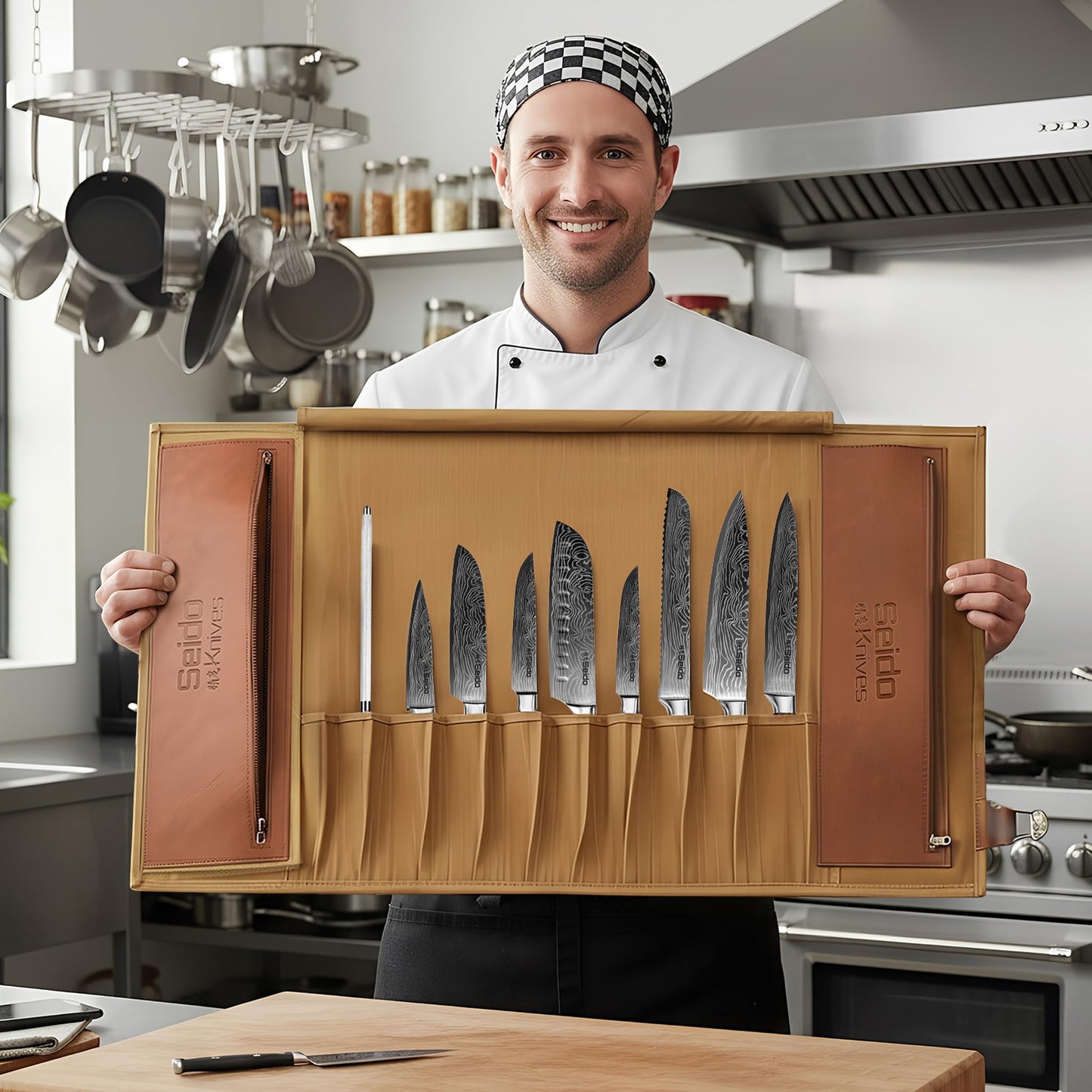 Seido Knives Classic Knife Roll Bag - Heavy Duty Canvas & Leather - Holds 18 Culinary Tools, Including 12 Large Knives, 4 Utensil Slots, and 2 Meat Cleaver Compartments