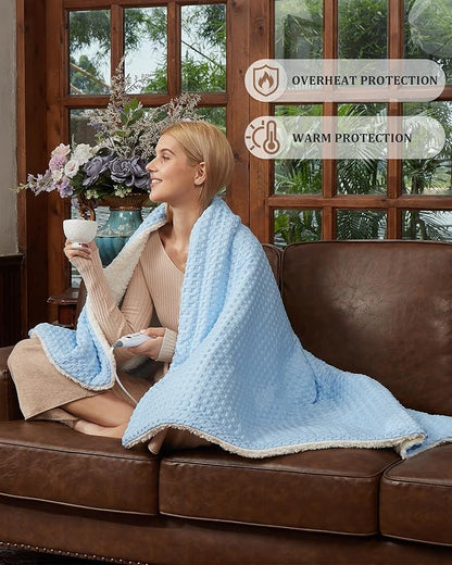 CAROMIO Heated Blanket Throw, Waffle Weave Electric Throw Blanket Fast Heating with LCD Controller, 6 Heat Levels & 4 Hour Auto Shut Off, ETL Certified, Machine Washable, Light Blue, 50" x 60"