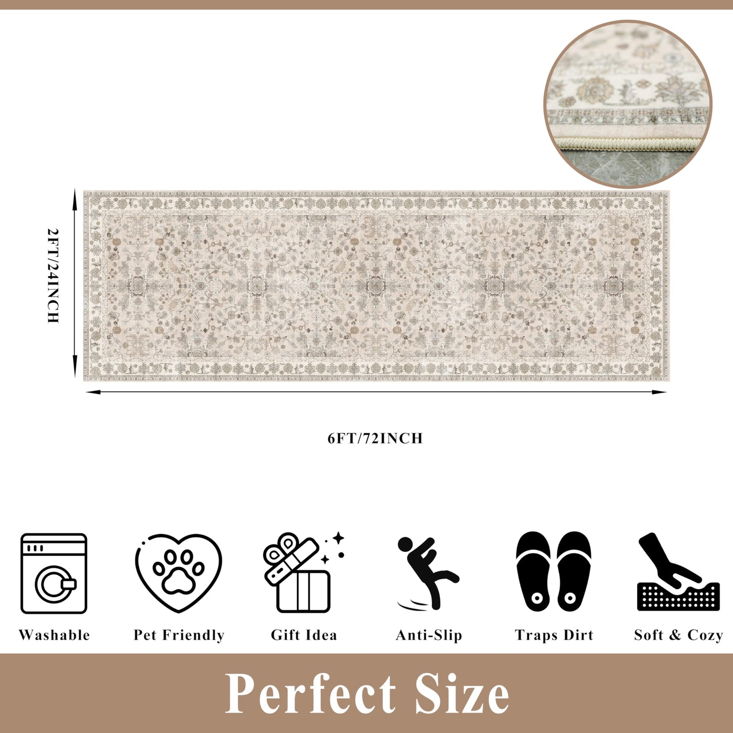 2x6 Washable Kitchen Runner Rug – Boho Vintage Non-Slip Carpet Runner for Hallway, Entryway, Bedroom & Bathroom – Soft Low-Pile Thin Area Rug with Rubber Backing (Beige,2x6)