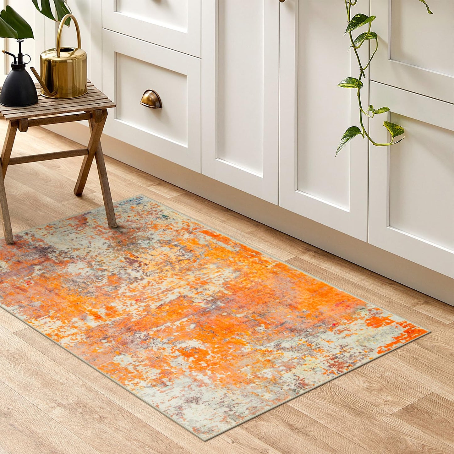Lahome Modern Abstract Small 2x3 Rug - Washable Kitchen Rugs Non Slip Front Indoor Mat for Entry Bathroom, Contemporary Soft Throw Carpet for Entryway Bedside, Orange/Yellow