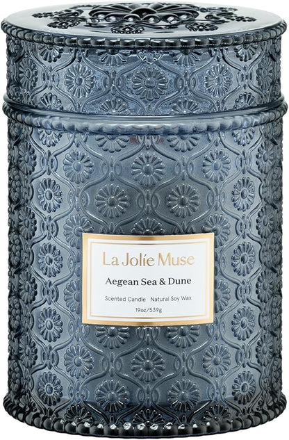LA JOLIE MUSE Aegean Sea & Dune Candle –Cool Water, White Florals & Warm Amber | 19 oz Large Wooden Wick Candle | Natural Soy Wax | 90 Hours Clean Burn | Gift-Ready for Hosts & Gatherings