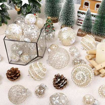Super Holiday Christmas Ball Ornaments, 33PCS Champagne Clear Shatterproof Plastic Foam Ornaments Set for Hanging Xmas Tree Holiday Thanksgiving Party Decor.