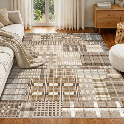 Rezutan Washable Rug 4x6 Plaid Rugs for Bedroom Non-Slip Neutral Floor Mat Indoor Soft Carpet Low Pile Foldable Thin Rugs for Living Room Dining Nursery Office, Caramel Beige Brown Gray