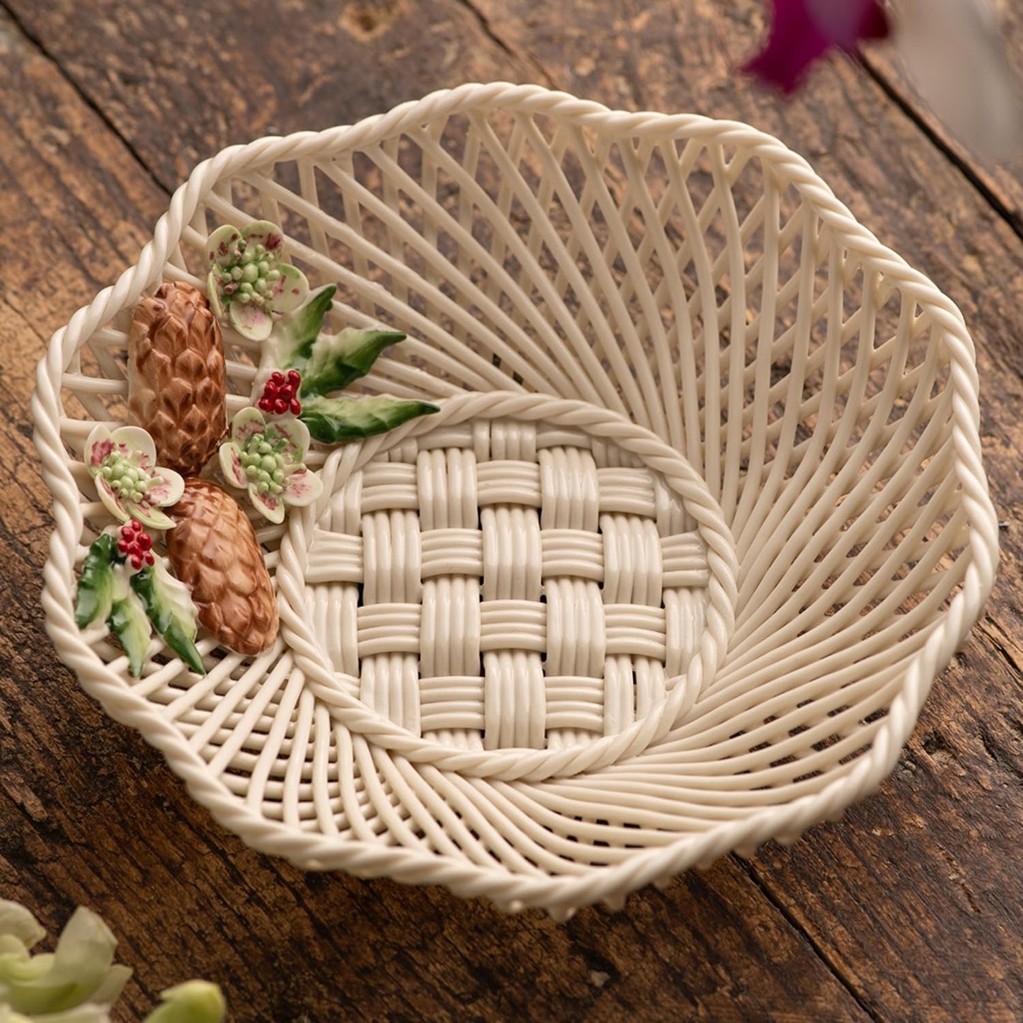 Belleek Classic Wild Irish Hedgerow Winter Basket - Boho Room Decor, Decorative Storage Baskets, Adorned with Pinecones, Holly, and Christmas Rose, 7”D x 1.5”H