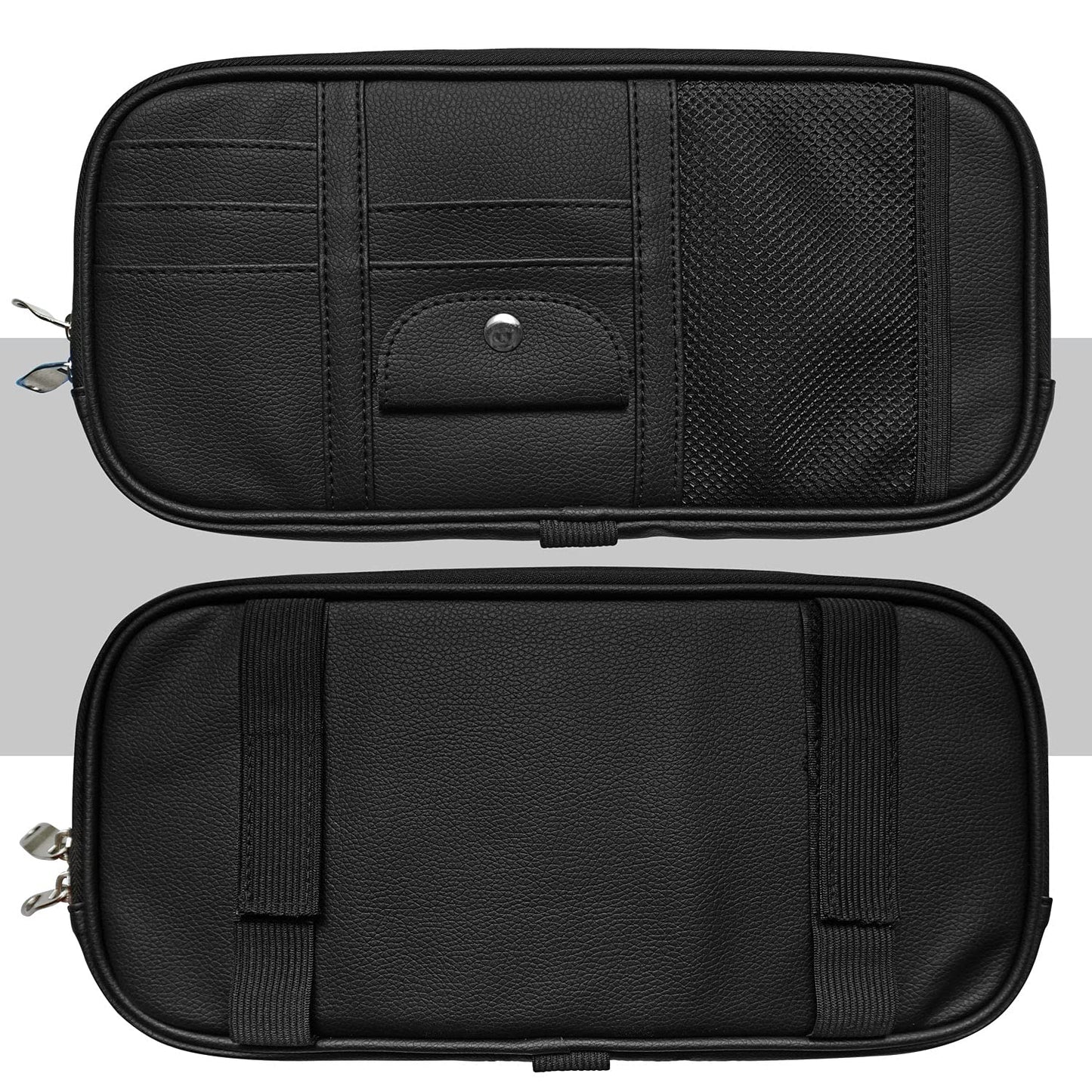 Qitdathn Car Sun Visor Organier Truck SUV Sun Visor Storage Pocket Pouch Holder, Multi-Pocket PU Leather with Zipper Net, for Cards Pens Sunglasses Document (Black)