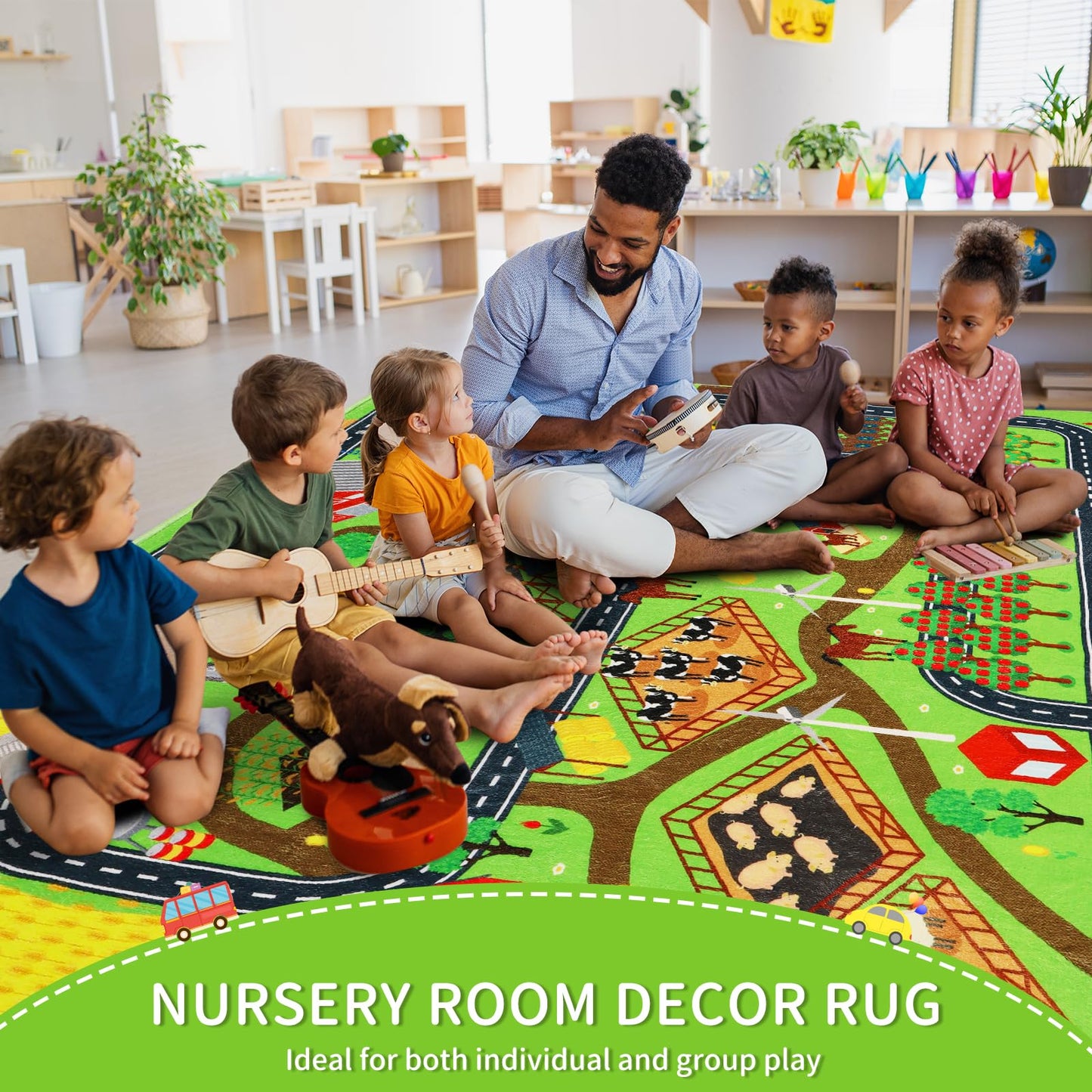 Mfmiudole Kids Rug for Car Toy Farm Track View, Large Play Rug 6'7" x 9'2" with Road Traffic Play Carpet Washable Educational Mat for Toddler Playroom Classroom Nursery (1-Farm Life, 110"×78.7")