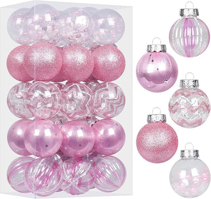 SY Super Bang 30PCS Pink Christmas Ornaments Set, 60MM/2.36" Clear Plastic Shatterproof Ball Ornaments for Christmas Tree Hanging Decorations, for Home Holiday Party Xmas Decor.