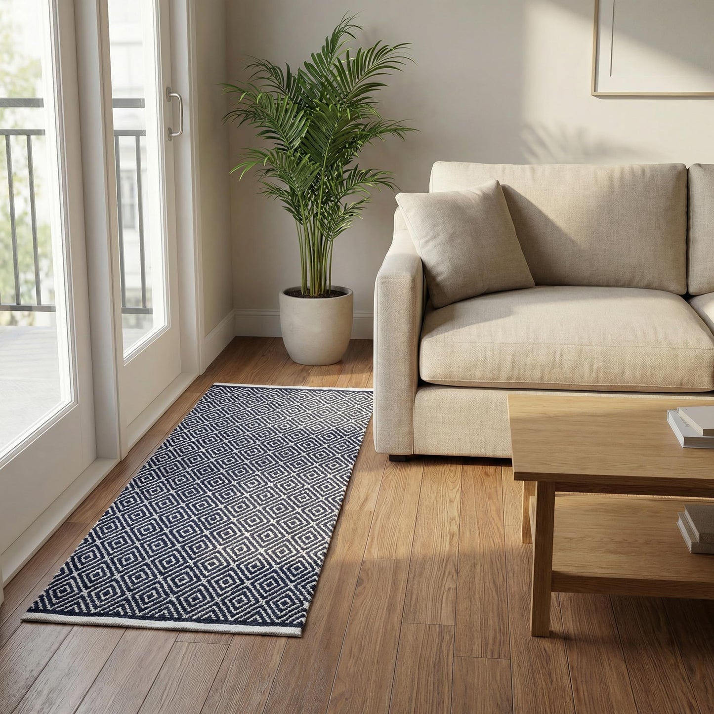 Chenille Cotton Diamond Runner Rug 2x5 Feet - Navy, Reversible Washable Soft Floor Runners Ideal for Kitchen, Hallway, Bedroom, Bathroom | Blue Farmhouse Boho Indoor Use Rugs for Patio Décor