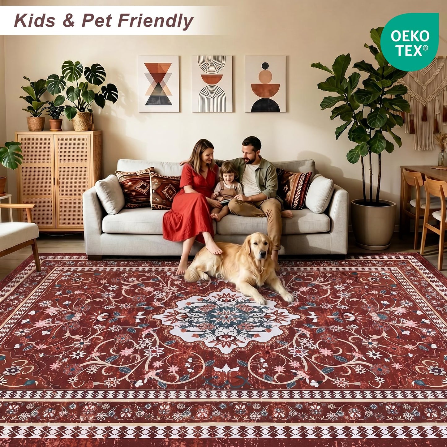 BLEUM CADE 5' x 7' Red Boho Rugs for Living Room, Washable Low Pile Non-Slip Area Rugs for Bedroom Dining Room Kitchen Classroom Office Nursery Playroom