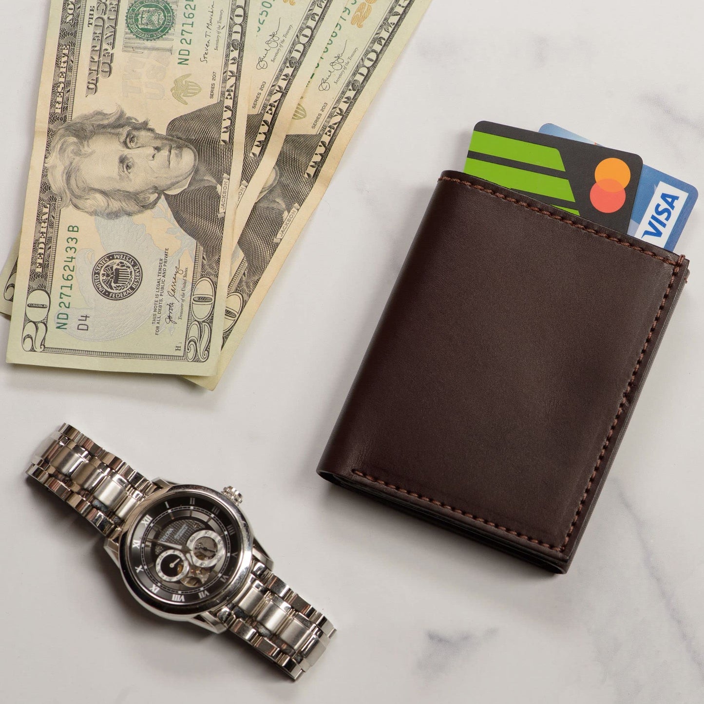 Mens Trifold Wallet Case, 4 Credit Card Holder Slots and ID Window, Full Grain Bridle Genuine Leather, Made in USA, Brown