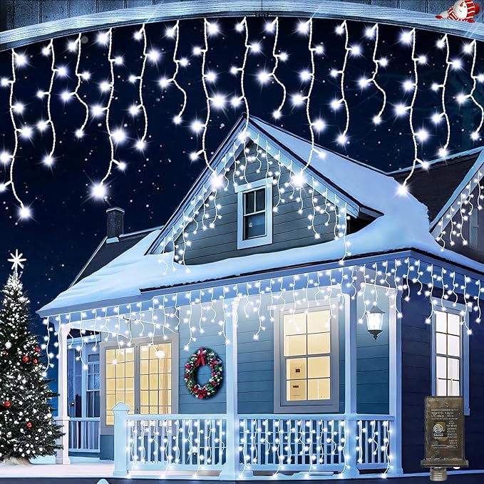 65 FT 640 LED Christmas Lights Outdoor Decorations Clear Wire String Lights Plug in 120 Drops 8 Modes Memory Timer Connectable Curtain Fairy Lights Waterproof for Holiday Wedding Party-Cool White