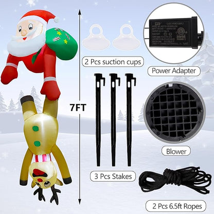 DR.DUDU 7 FT Christmas Inflatable Outdoor Decorations, Blow Up Santa Claus with Reindeer Hanging Xmas Inflatables Decor with LED Lights for Yard Lawn Porch Garden Holiday Party