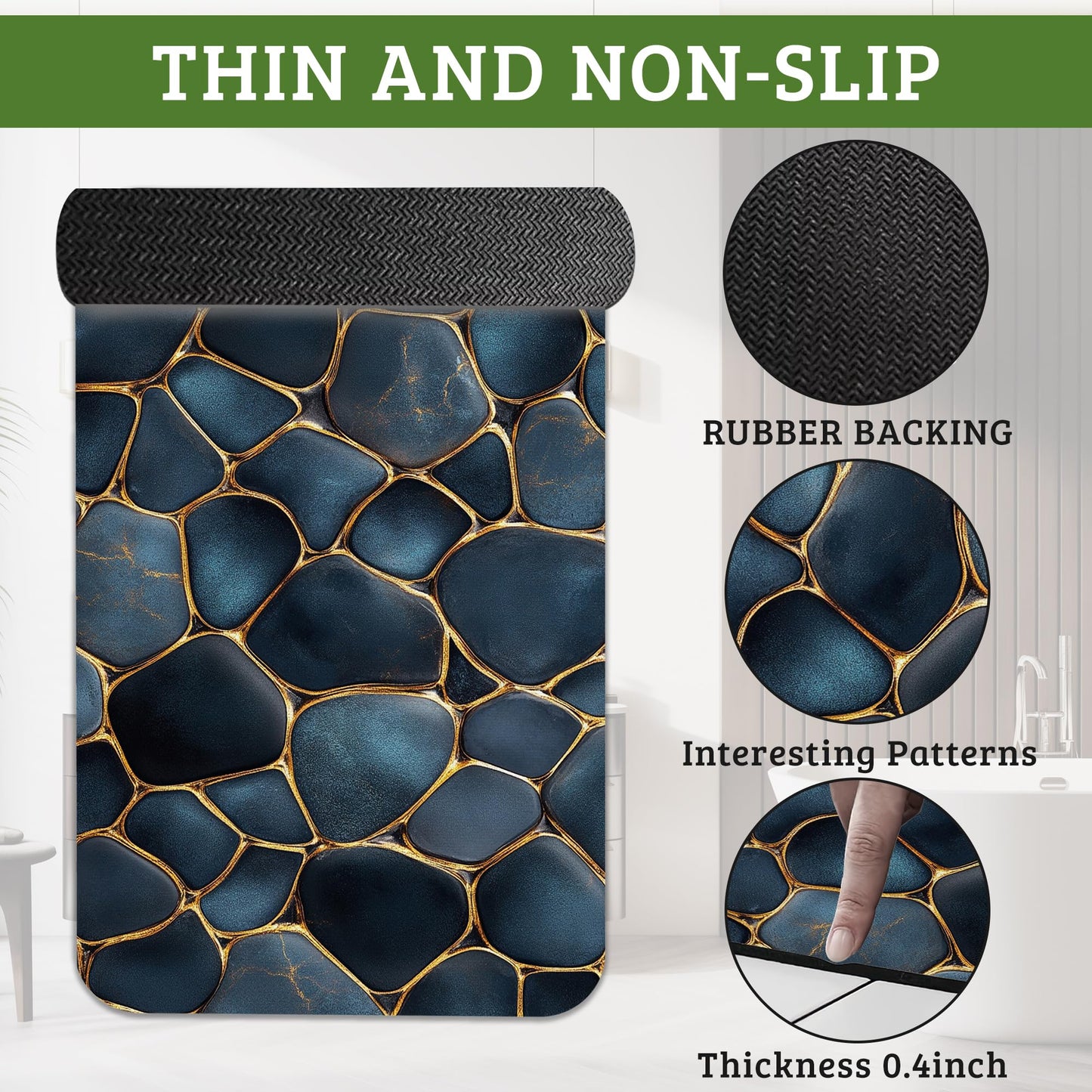 NSMNSM Blue Gold Pebbles Bath Mat Non-Slip Bathroom Rugs, Rubber Backing Absorbent Quick Dry Shower Bathroom Mats for Bathtub, Bedroom, Laundry, Christmas Decorations, 17"x 29.5"