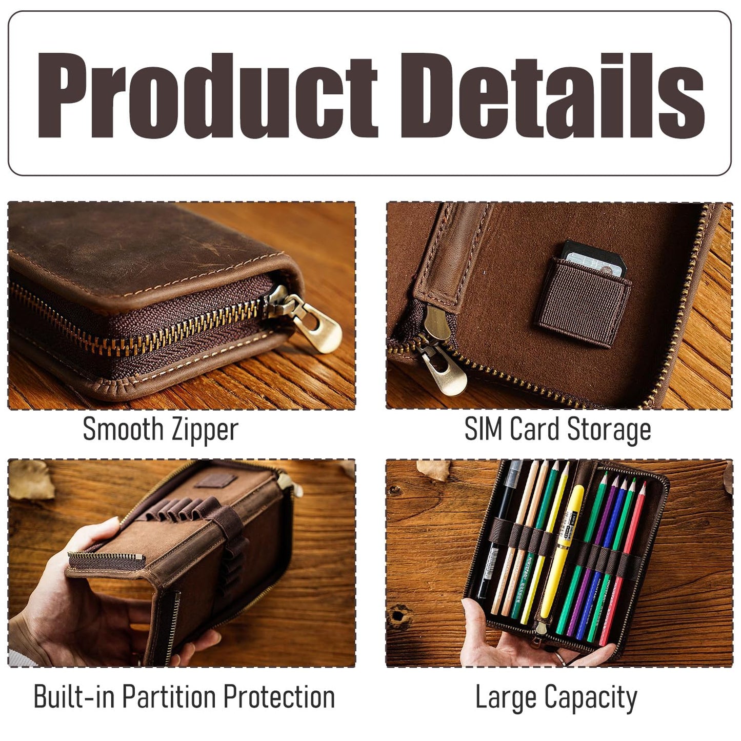 Acidea Genuine Leather Pencil Case Organizer, Coffee Style Leather Storage Pen Pouch for Pencils, Markers, Pens and Art Supplies, 10 Wooden Pencils Portable Pen Case Storage for Man Woman Office