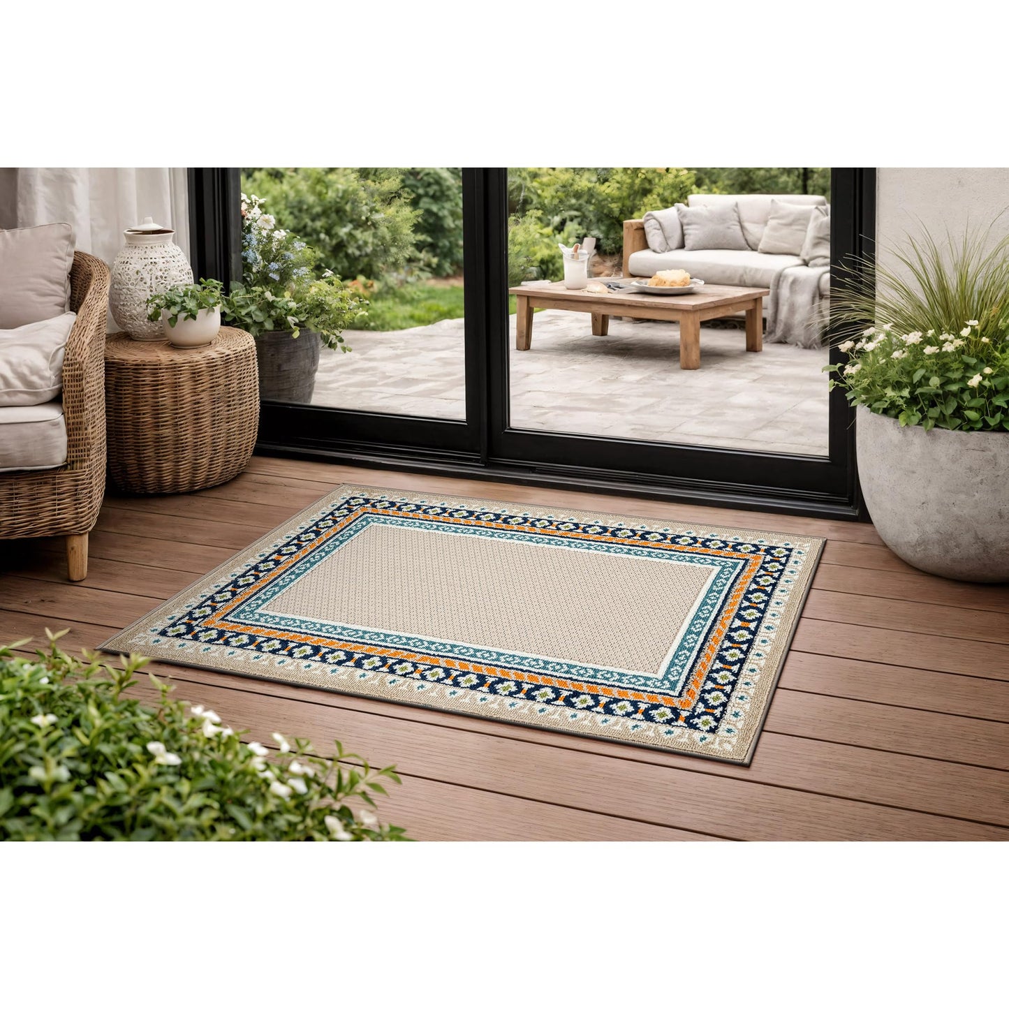 Rugshop Indoor/Outdoor High-Low Textured Area Rug, Coastal Border, Easy-Clean Patio Rug for Porch Deck Balcony 2' x 3' Multi