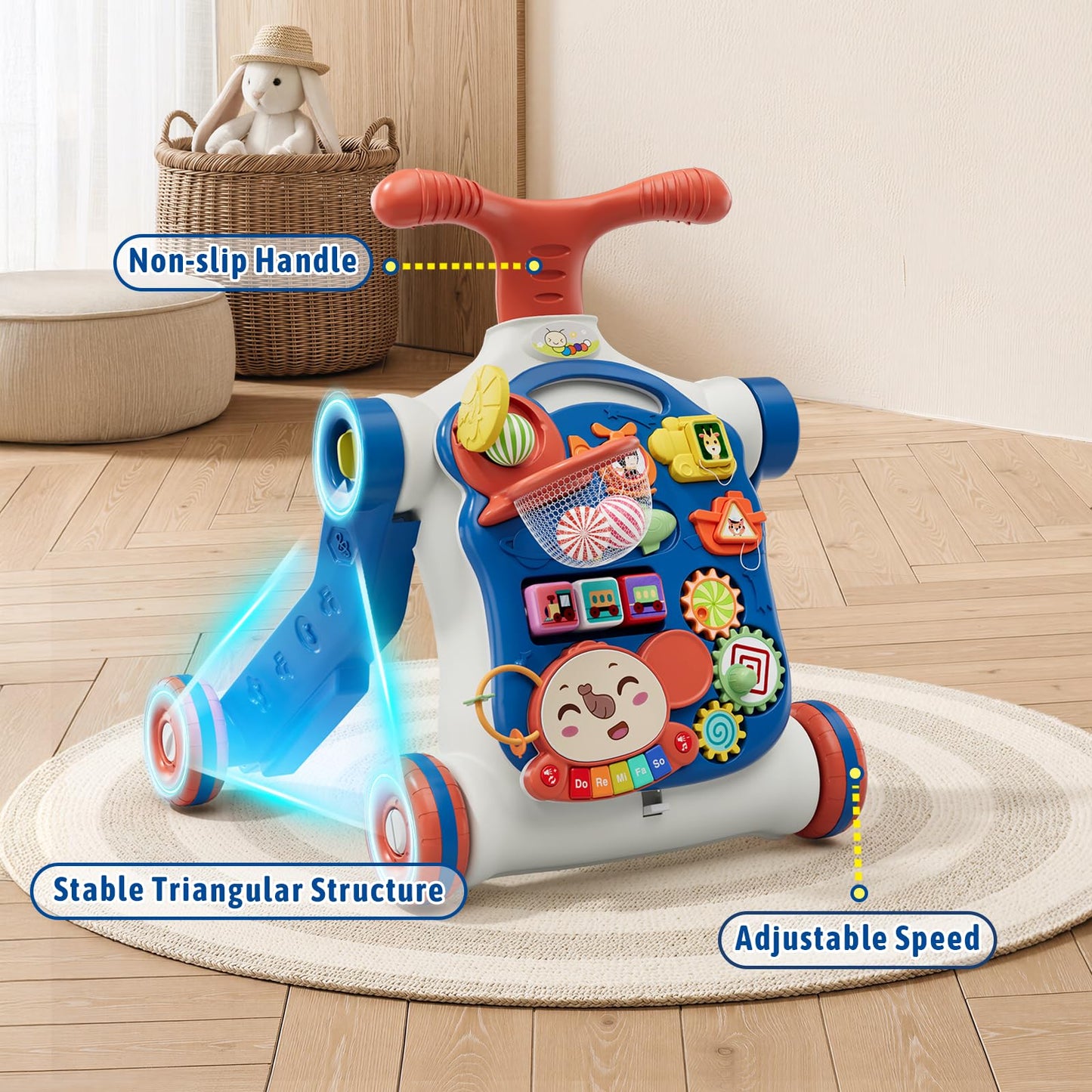 HYES 5 in 1 Baby Push Walker for Baby Boy, Activity Center Learning to Walk, Sit to Stand, Early Learning Push Toys for Infant 12 Months, Walking Toys Gift for Toddler Boys, Blue