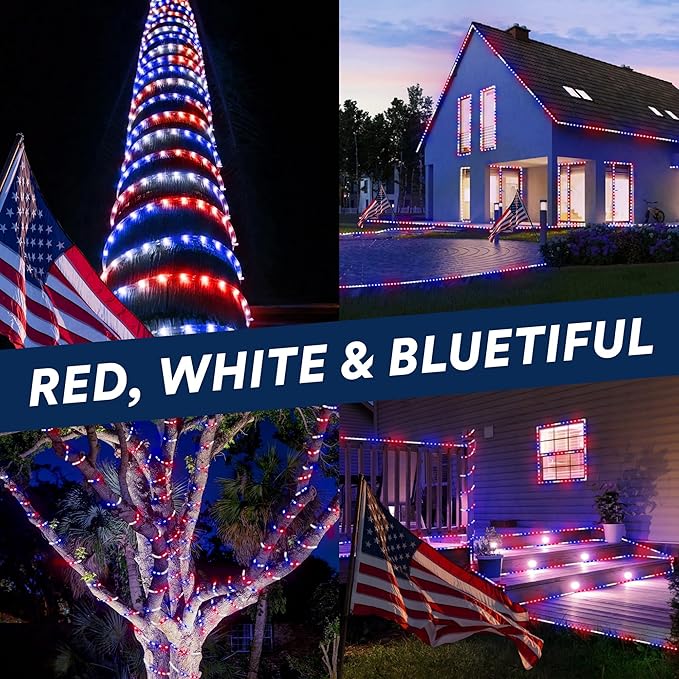 WYZworks 1116LEDs 100ft LED USA Patriotic American Red White Blue Outside Rope Lights, Outdoor ETL Certified Waterproof Permanent 360 Degree Light, Flexible Tube, Connectable, Palm Tree Exterior