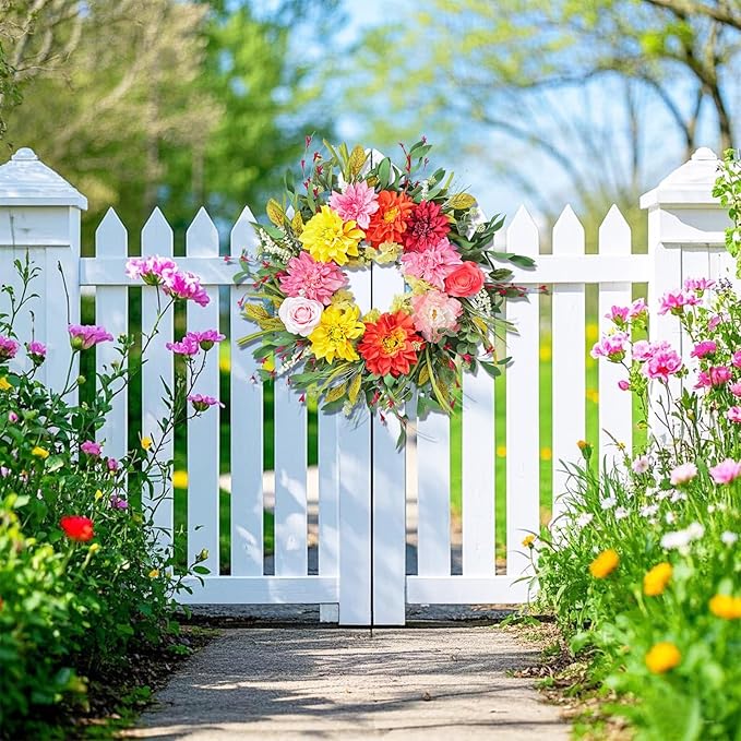 24" Dahlia Spring Summer Wreath with Rose, Peony and Green Leaves, Colorful Artificial Flower Wreath for Front Door Home Wall Wedding Farmhouse Holiday Outdoor Indoor Décor