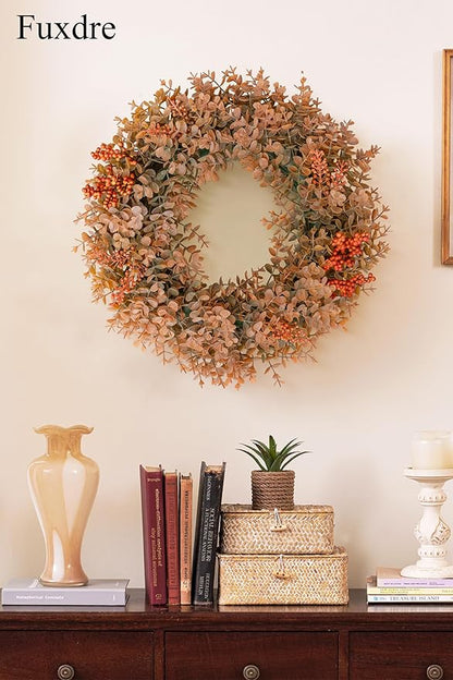 Eucalyptus Fall Wreaths for Front Door 15", Handmade Fall Leaves Wreath for Autumn, Floral Farmhouse Wreath for Wall and Outside Indoors