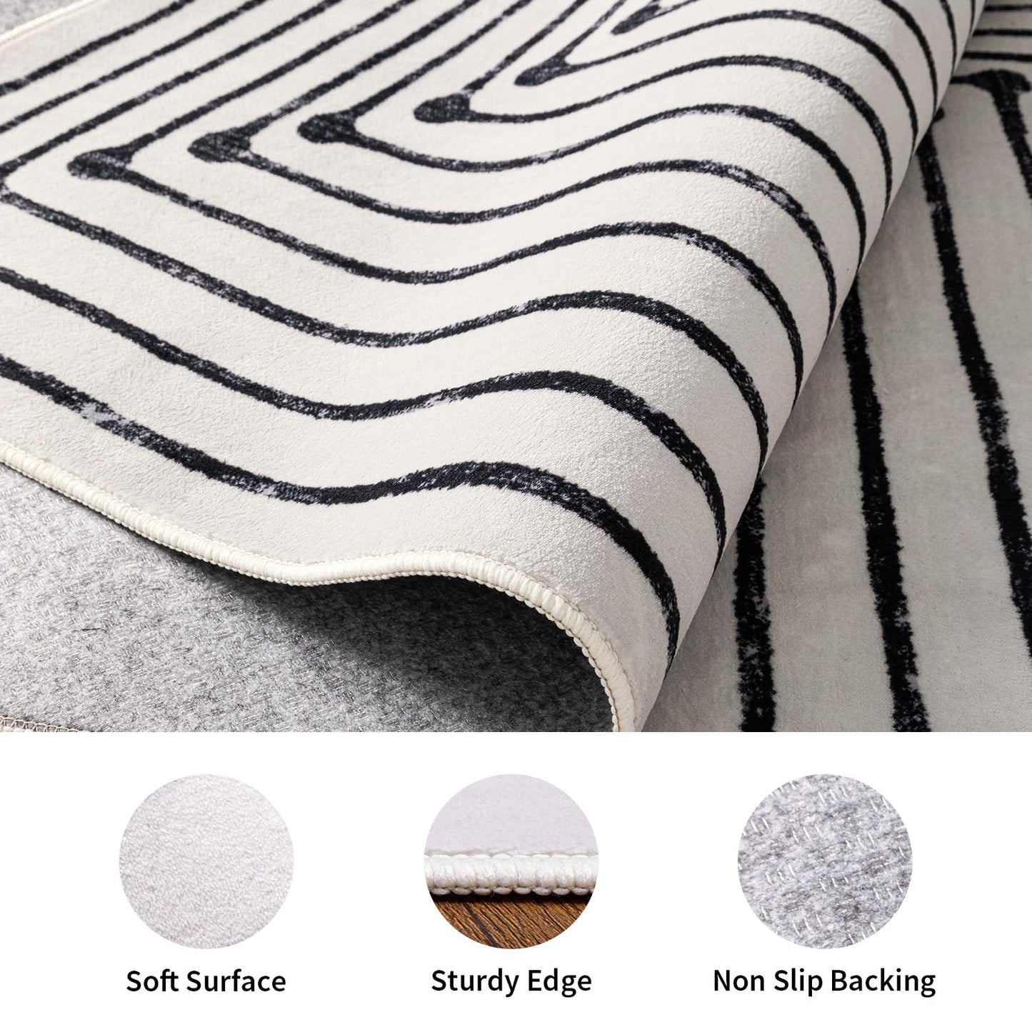 YIHOUSE Washable 4ft Round Rug for Entryway Non Slip, Black and White 4x4 Area Rugs for Living Room Non Skid Non-Shedding, Striped Modern Circle Carpet for Bedrom Kitchen