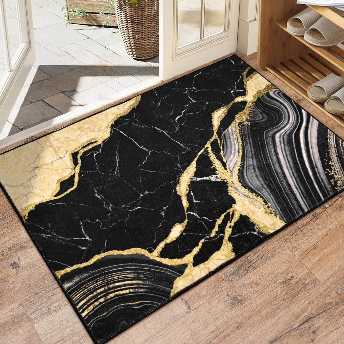 ASPMIZ Black and Gold Area Rug 2x3 Marble Entryway Rug Non-Slip Washable, Modern Indoor Door Mat Small Throw Rugs for Kitchen, Soft Faux Wool Floor Carpet Front Door Rugs Low Profile