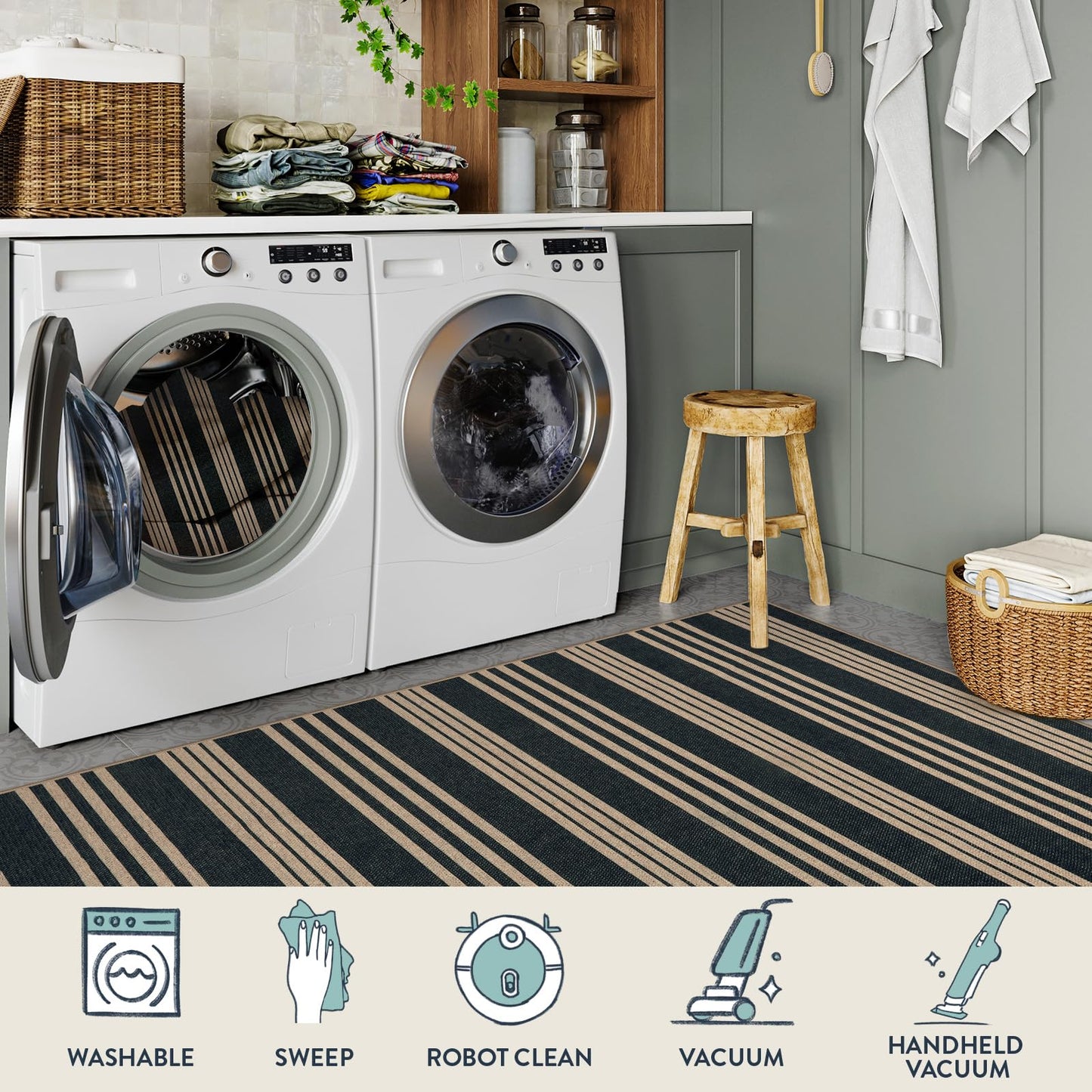 Lahome Elance Striped Easy Jute Front Door Mat, 2x3 Washable Kitchen Rug Small Indoor Outdoor Rugs for Entryway, Farmhouse Neutral Lightweight Non Slip Black Carpet for Foyer
