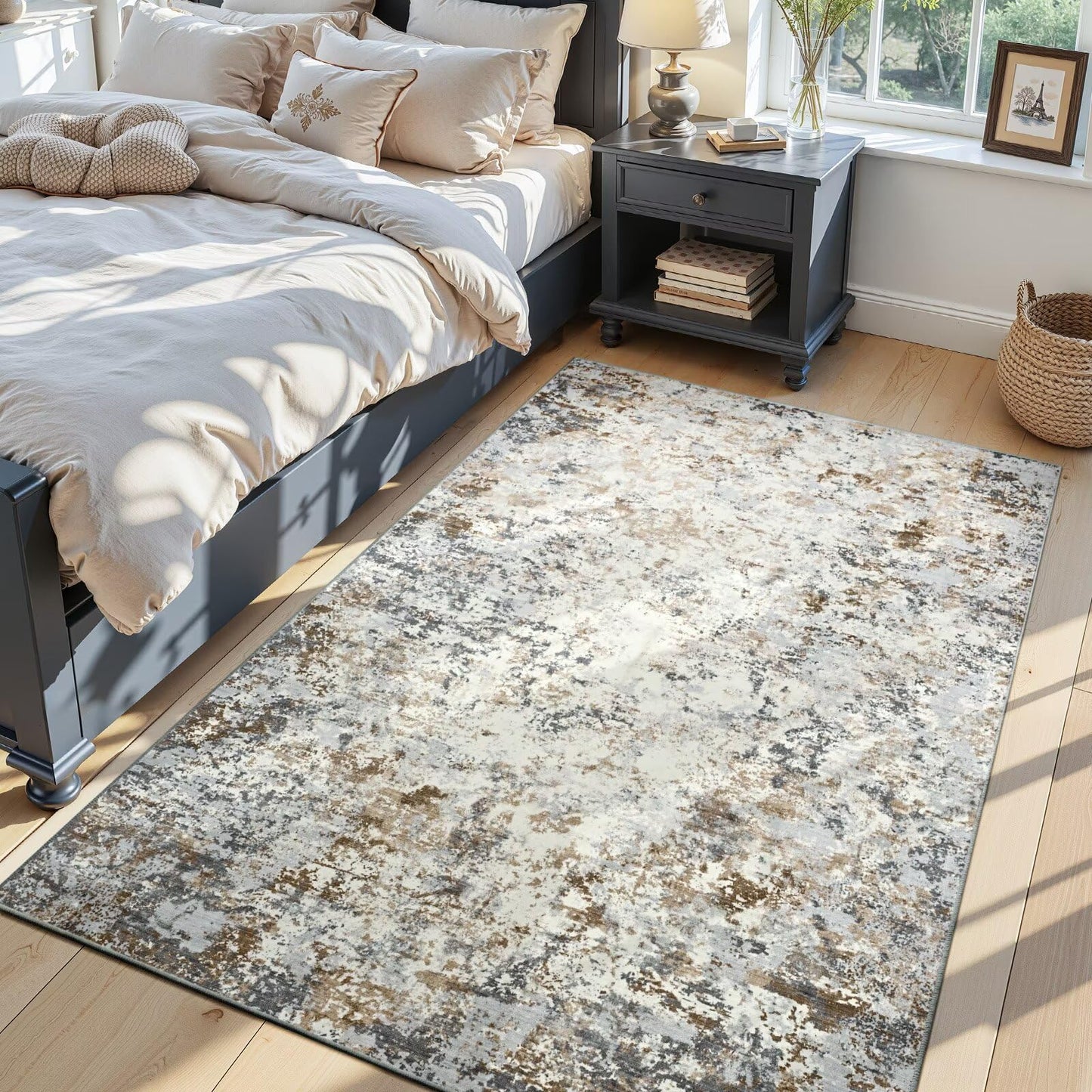 Toneed Abstract Area Rug Modern Washable Rug Soft Non Slip Rug Low Pile for Bedroom Living Room Dining Room Brown/Grey 4x6 Feet