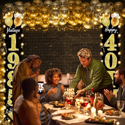 40th Birthday Party Banner Lighted Decorations for Men Women - Black Gold Vintage 1985 40th Birthday Decorations Door Banners with LED Light, Forty Years Birthday Party Supplies for Indoor Outdoor Decor