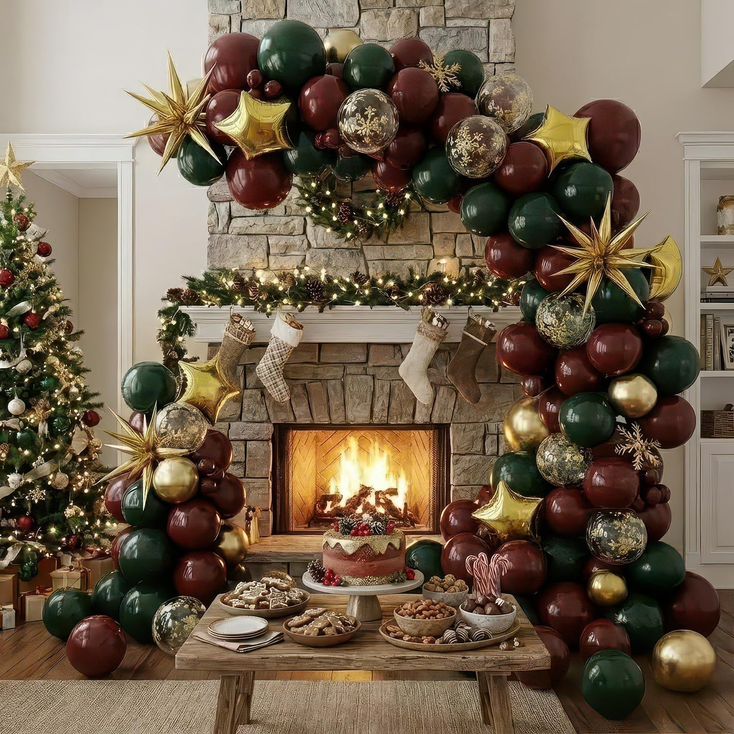 Winter Christmas Garland decorations with Maroon Hunter Green Gold confetti Balloon arch & Foil Star balloons & Artificial Snowflake Xmas Garland for wine red friendsmas new year party decorations