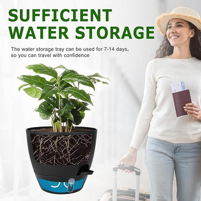 Self-Watering Plant Pots with Water Level Indicator, Drainage Holes & Saucers – 12/10/9 Inch Large Plastic Planter Set for Indoor & Outdoor Plants (Pure Black)
