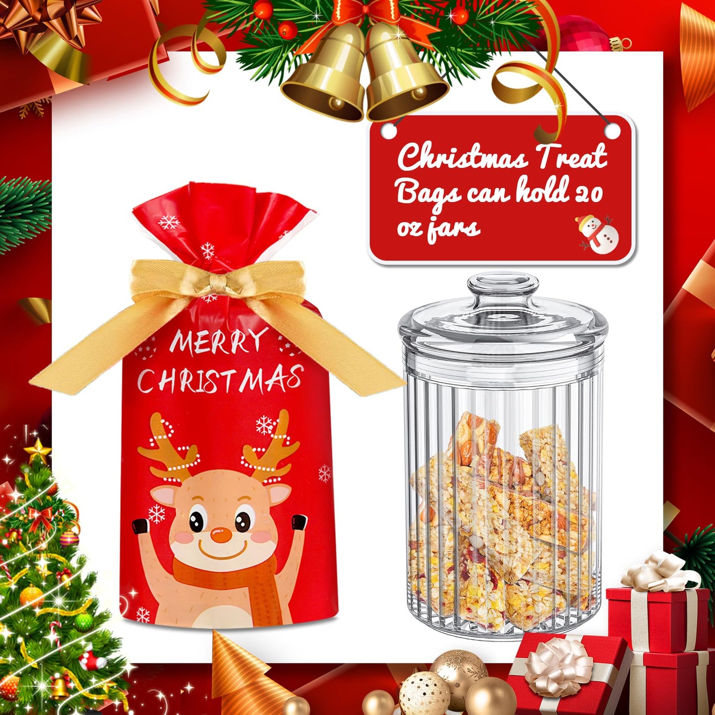 DLY 50 Pcs Christmas Candy Bag Treat Bags Candy Goodies Plastic Drawstring Gift Bags Merry Christmas Treat Bags for Birthday Party Snack