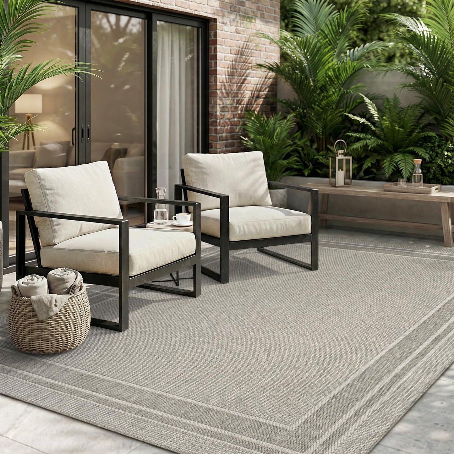 MontVoo-Outdoor Rug-Patio Rug 5x7 ft Polypropylene Indoor Outdoor Rugs Outdoor Carpet for Patio Deck Balcony Porch, Textured Weave, Durable for High Traffic, Fade-Resistant, Modern Silver Grey