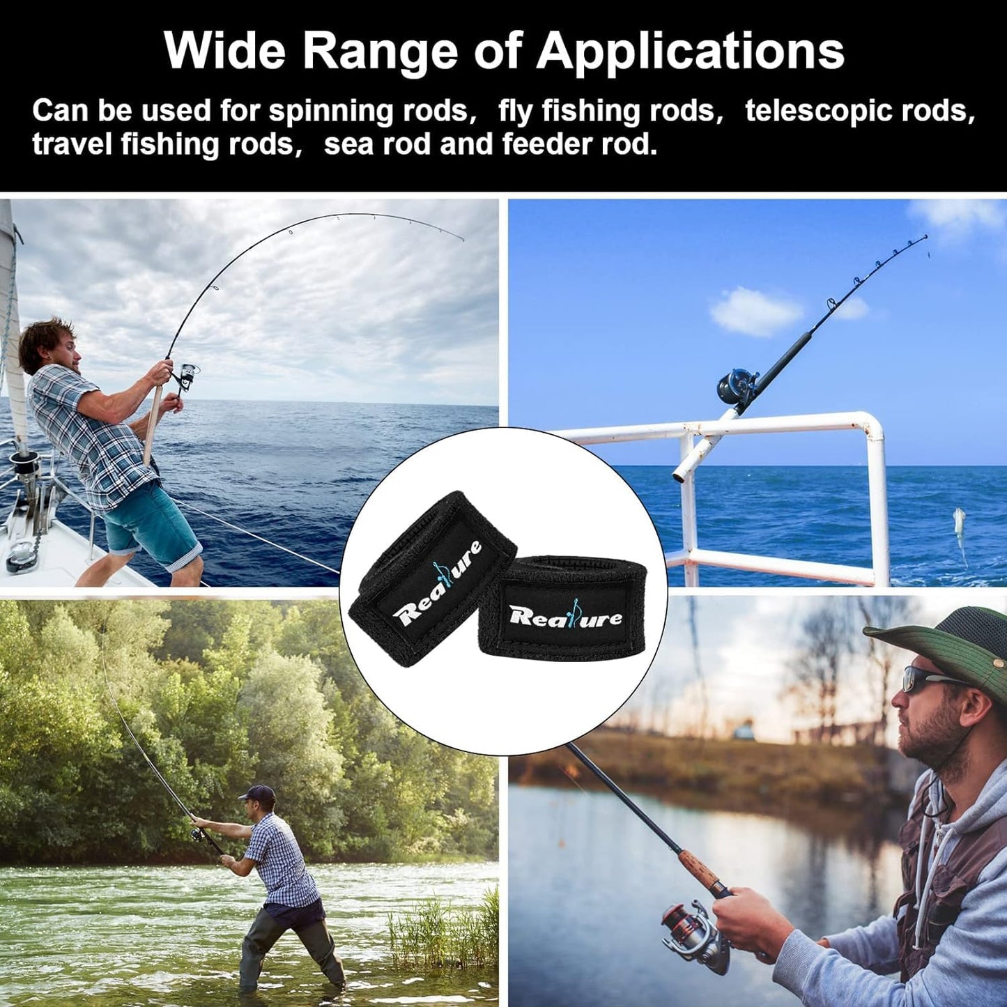 Realure 8 Pcs Fishing Rod Straps Adjustable Neoprene Ties Elastic Fishing Rod Tackle Belt Ties Casting Rod Straps for Fixed Casting Rods & Spinning Rods & Fly Rods Wrap Protectors