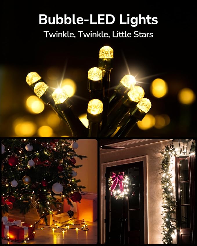 ULG Christmas Tree Lights, 300 LED 110FT Waterproof Christmas String Lights with 8 Modes for Indoor/Outdoor Xmas Tree Decor, Bubble LED Warm White, Adapter Included
