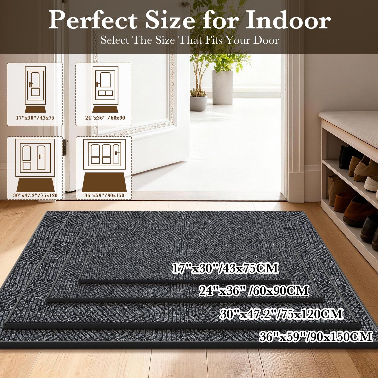 Naoloture Indoor Door Mat 30"x47" Large, Low-Profile Welcome Front Door Mat Indoor Entrance, Non Slip Rubber Backing Inside Doormat Washable Entryway Mat Dirt Trapper & Absorbent, Dark-Grey/Black