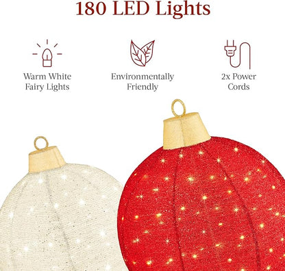 Best Choice Products 2pc Lighted Pop-Up Outdoor Christmas Ornament Set, Holiday Ball Decoration w/ 180 LED Lights, 8 Light Functions - Red/White