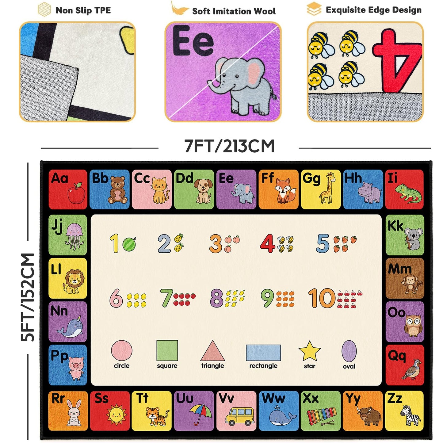 ABC Rug for Classroom, Alphabet, Numbers & Shapes 3-in-1 Educational Area Rugs for Childrens, Non-Slip Animals Learning Carpet for Kids Room, Daycare, Preschool, Elementary -5' x 7' (Multi-Color)