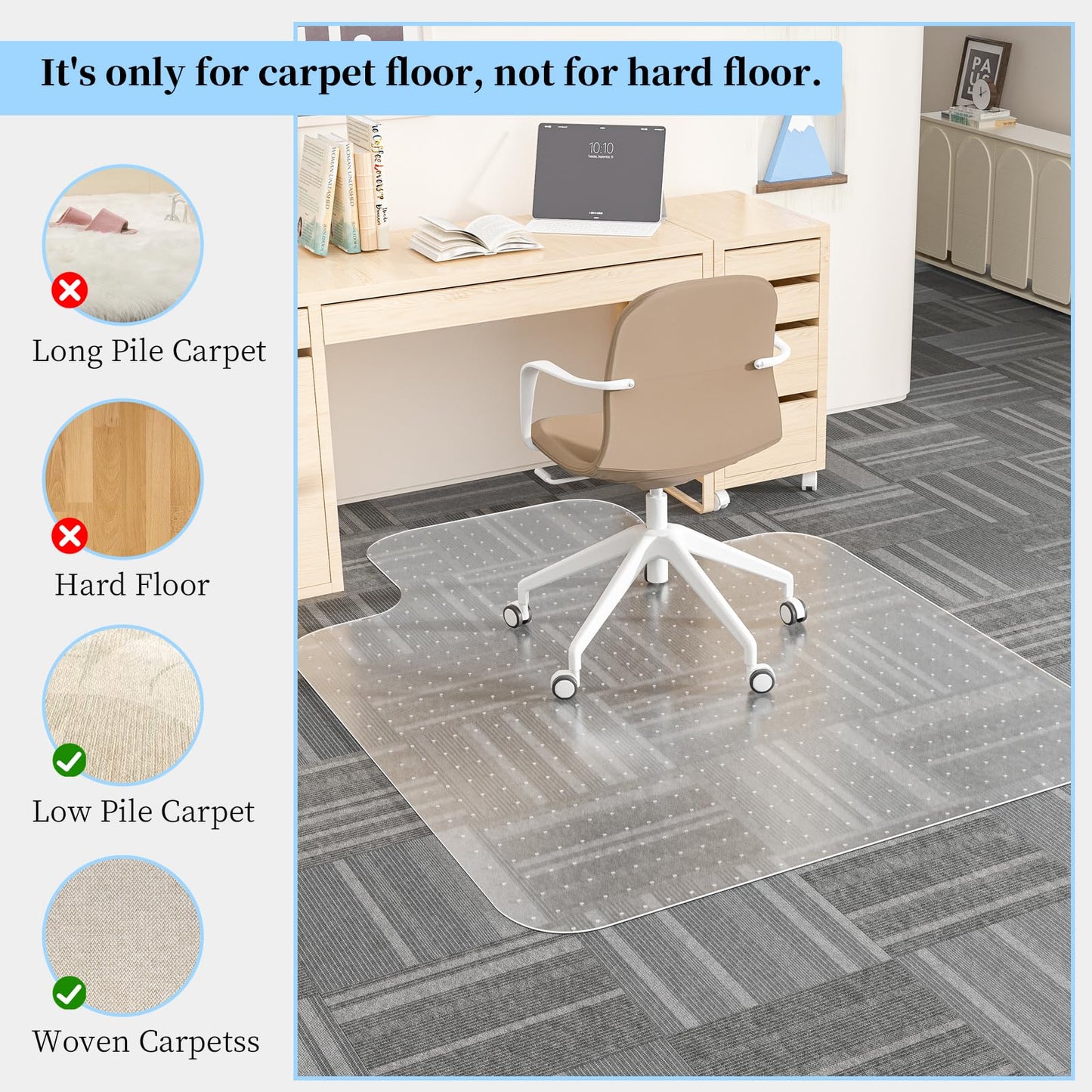 Tonaus Office Chair Mat for Carpet, 48"×36" Desk Chair Mat T-Shape Carpet Protector Mat for Office Chair, Transparent 2.2mm Thick T-Shape Floor Protection for Low Pile Carpets with Non-Slip Studded
