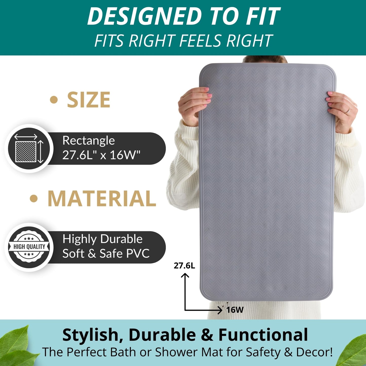 ENKOSI Non Slip Bath Mat for Tub and Shower Floors – Anti Slip Shower Mat with Secure Suction Cup Grip – Soft Grey Bathtub Mat for Inside Bath Tub and Smooth Bathroom Stalls (28x16 Gray)