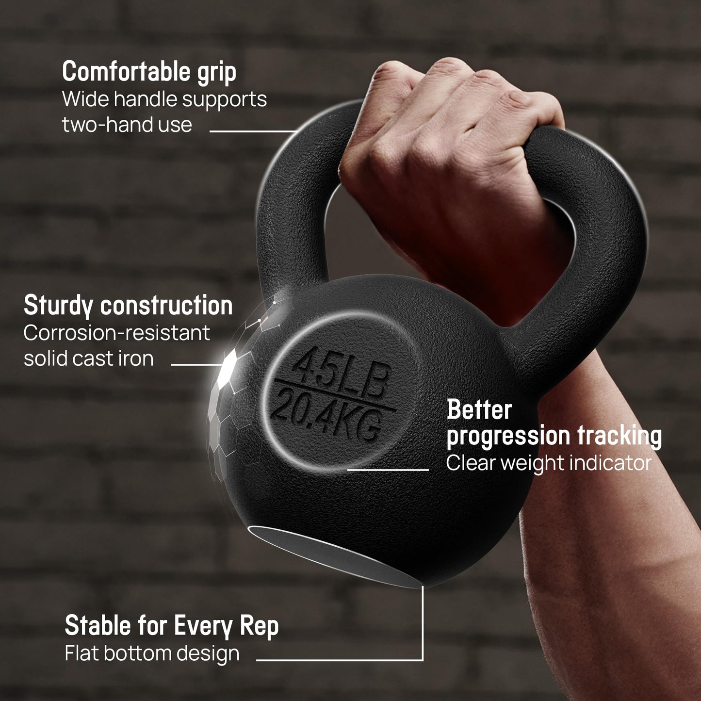 Yes4All Cast Iron Kettlebell, 5-80 Lb Built to Last One-Piece Design, Comfortable 1–2 Hand Grip for Swings, Squats, Deadlifts & Snatches, Stable Flat Base, Single & Pair - 5LB, Single