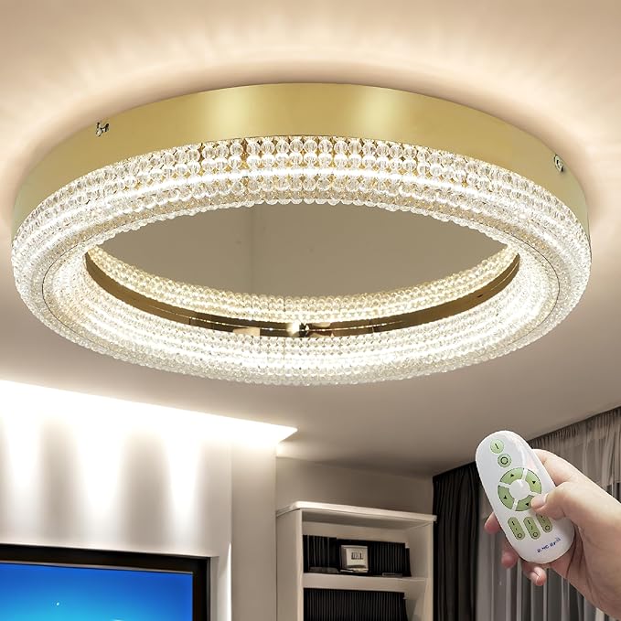 23.6" Gold LED 3 Color Remote Dimmable Modern Crystal Chandelier Round LED Crystal Ceiling Light Fixture Flush Mount Chandelier Ceiling Light with Crystals for Hallway Bedroom Kitchen Foyer (Gold)