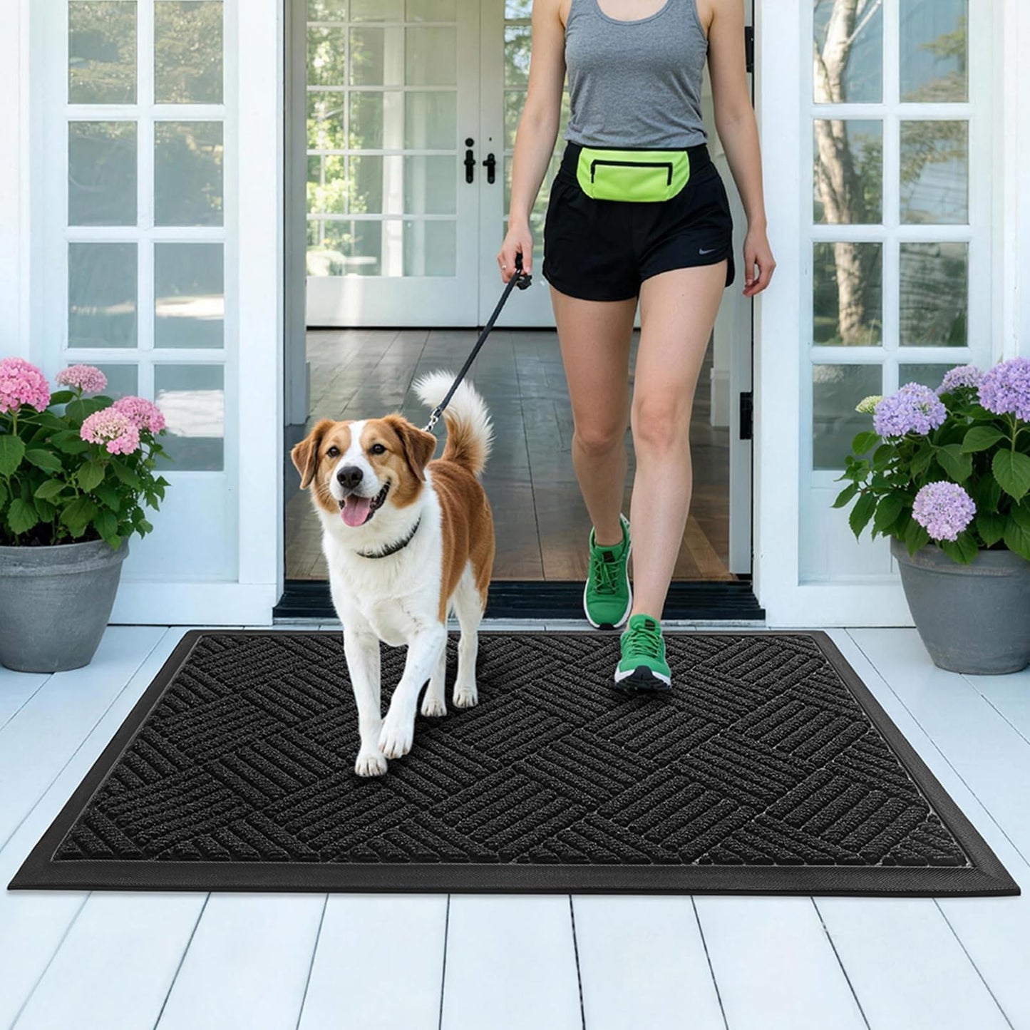 WELDUN Front Door Mat, Heavy Duty Waterproof Rubber Doormat for Indoor Outdoor, Non-Slip Low Profile Dirt Trapper Absorbent Mat for Entryway, Stain Fade Resistant Easy Clean 35.5"x24", Black