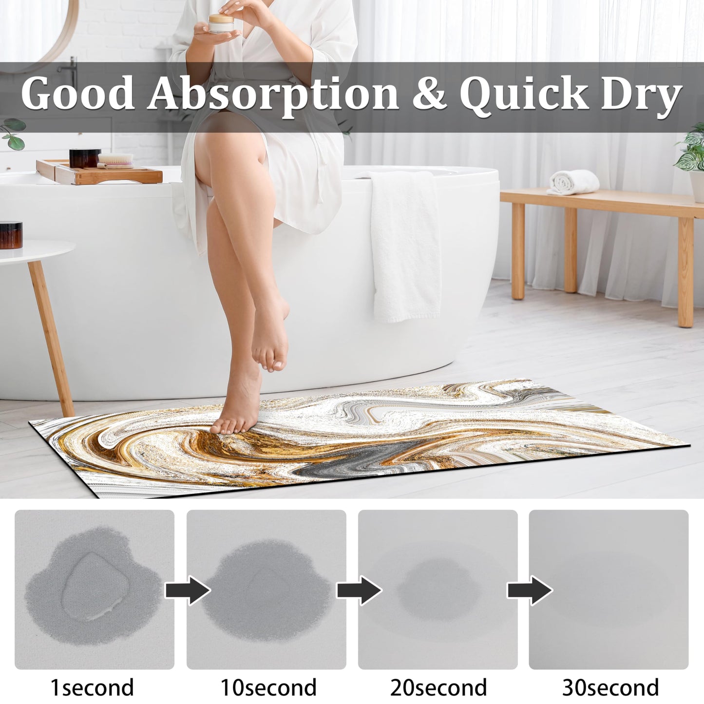 FNLNDO White and Gold Bathroom Rugs Marble Long Runner Rug Bath Mats Gold Bathroom Decor Absorbent Non Slip Shower Mats with Rubber Backing for Home Laundry (17"x 47", White Marble Print)