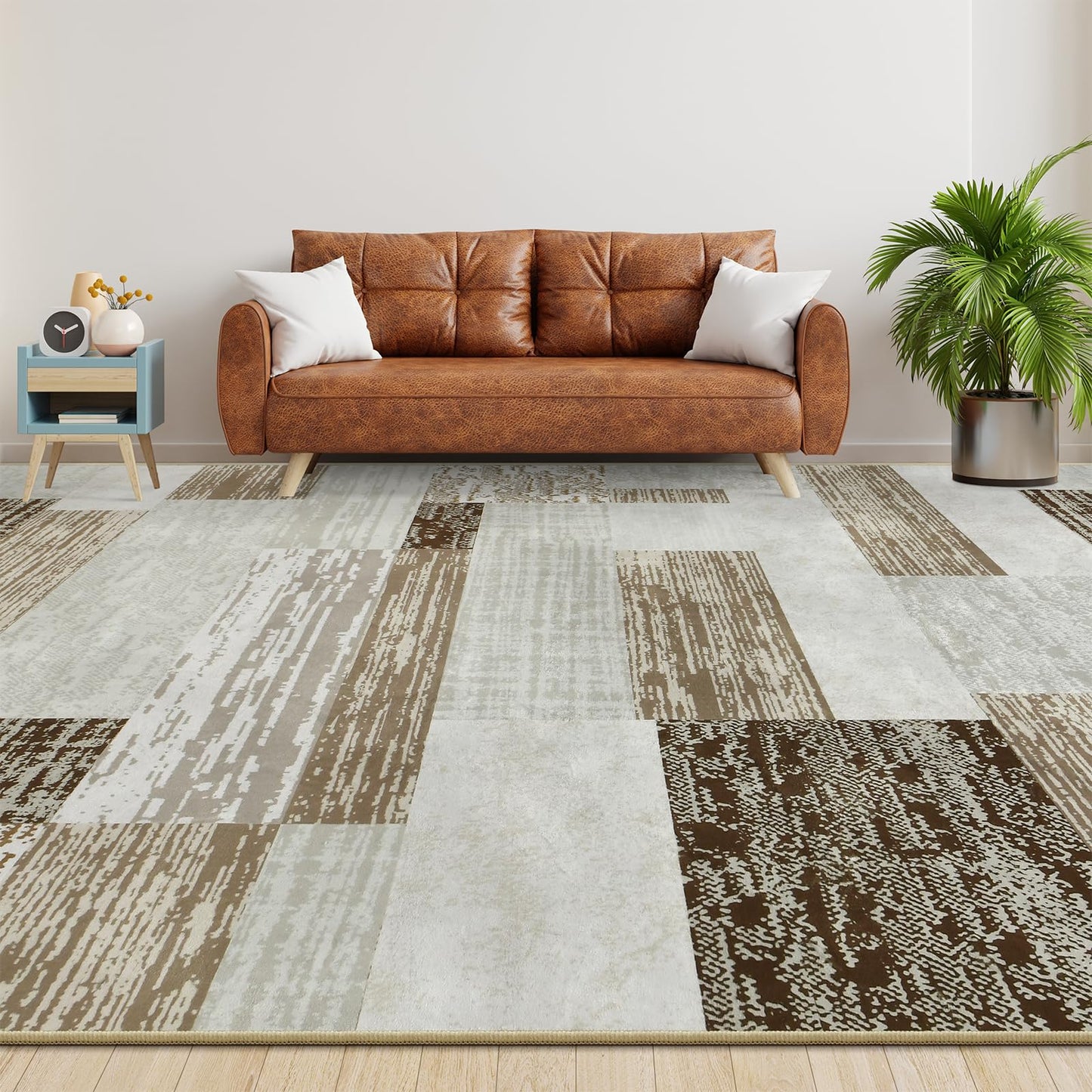 Large Area Rugs,Modern Geometric Patchwork Floor Decor for Bedroom Aesthetic Carpet, Rockwood Collection, Indoor Rugs for Living Room, Dining Room, Nursery, Office, Machine Washable Rug,5x8 Ft Beige