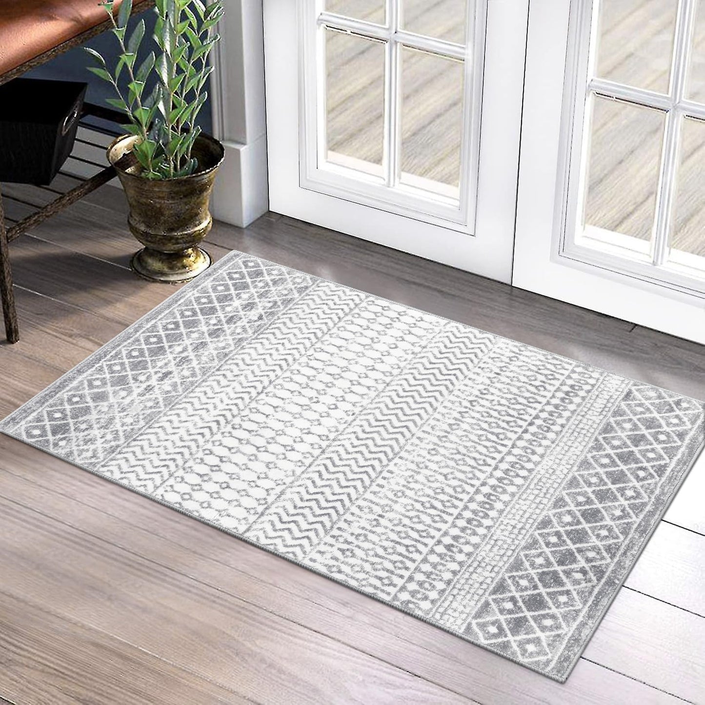 Nailttos Moroccan Washable Rugs, 2x3 Ivory Gray Rug Non-Slip Small Distressed Entryway Rugs, Soft Low-Pile Bedroom Rug Indoor Doormat Carpet for Entryway Kitchen Bathroom