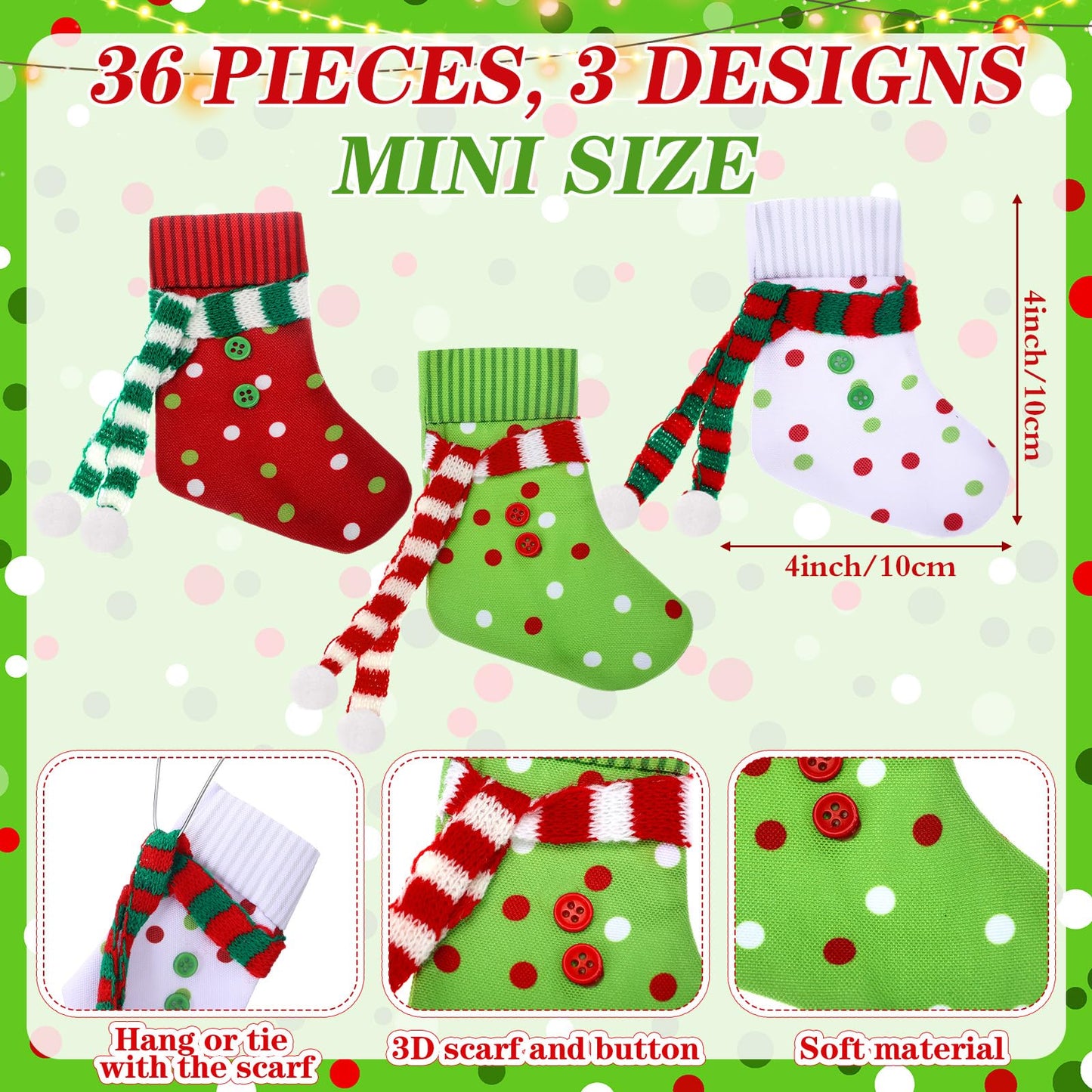 Newcotte 36 Pcs Mini Christmas Stocking Elf Xmas Hanging Stockings Red White Green Christmas Decorations for Holiday Fireplace Tree Decoration Gift Present